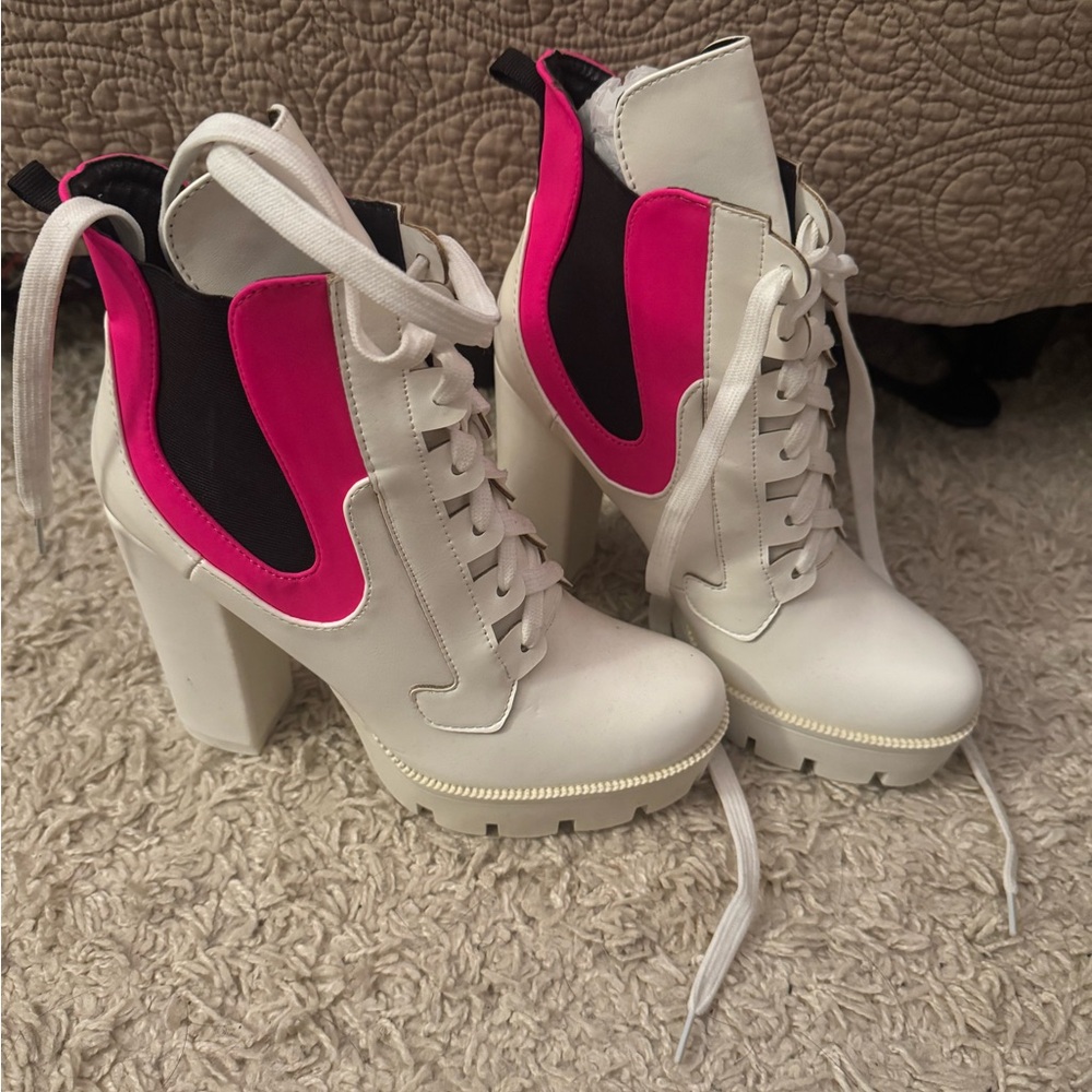 Fashion Nova White and Pink Heeled Boots